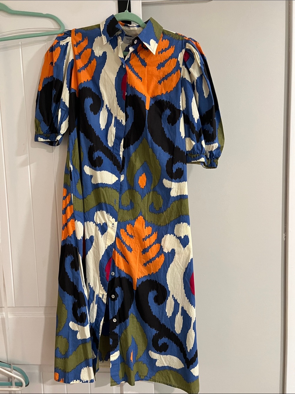 Vibrant Printed Midi Shirt Dress in Blue, Orange & Olive